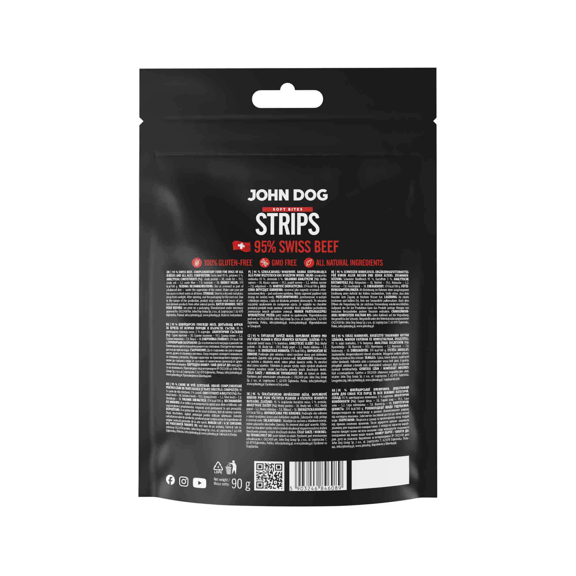 Tylna strona czarnego opakowania przysmaków John Dog Strips Soft Bites. Widoczne są informacje o produkcie, kod kreskowy, kod QR oraz dodatkowe oznaczenia.
