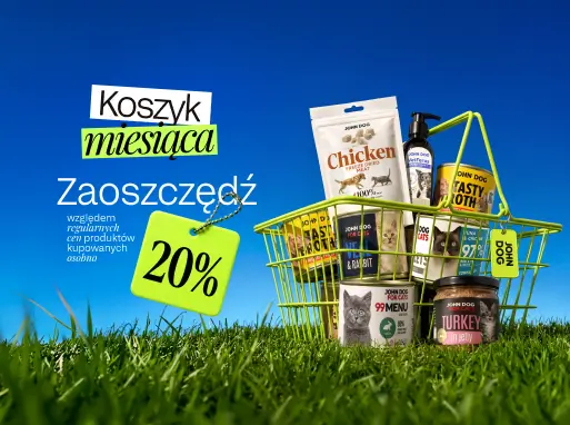Baner koszyk miesiąca z informacją, że zaoszczędzisz 20% względem regularnych cen produktów kupowanych osobno. Na banerze jest koszyk, stoi na trawie w którym znajdują się puszki karmy mokrej dla psów i kotów i olej omega 3 w ciemnej butelce i przysmaki liofilizowane, wszystko na niebieskim tle.