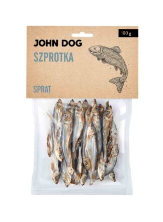 Opakowanie gryzaków dla psów John Dog szprotka, w gramaturze 100 g, widok z przodu. Na beżowej etykiecie ilustracja ryby, w przezroczystej części opakowania widoczne suszone szprotki.
