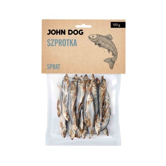 Opakowanie gryzaków dla psów John Dog szprotka, w gramaturze 100 g, widok z przodu. Na beżowej etykiecie ilustracja ryby, w przezroczystej części opakowania widoczne suszone szprotki.