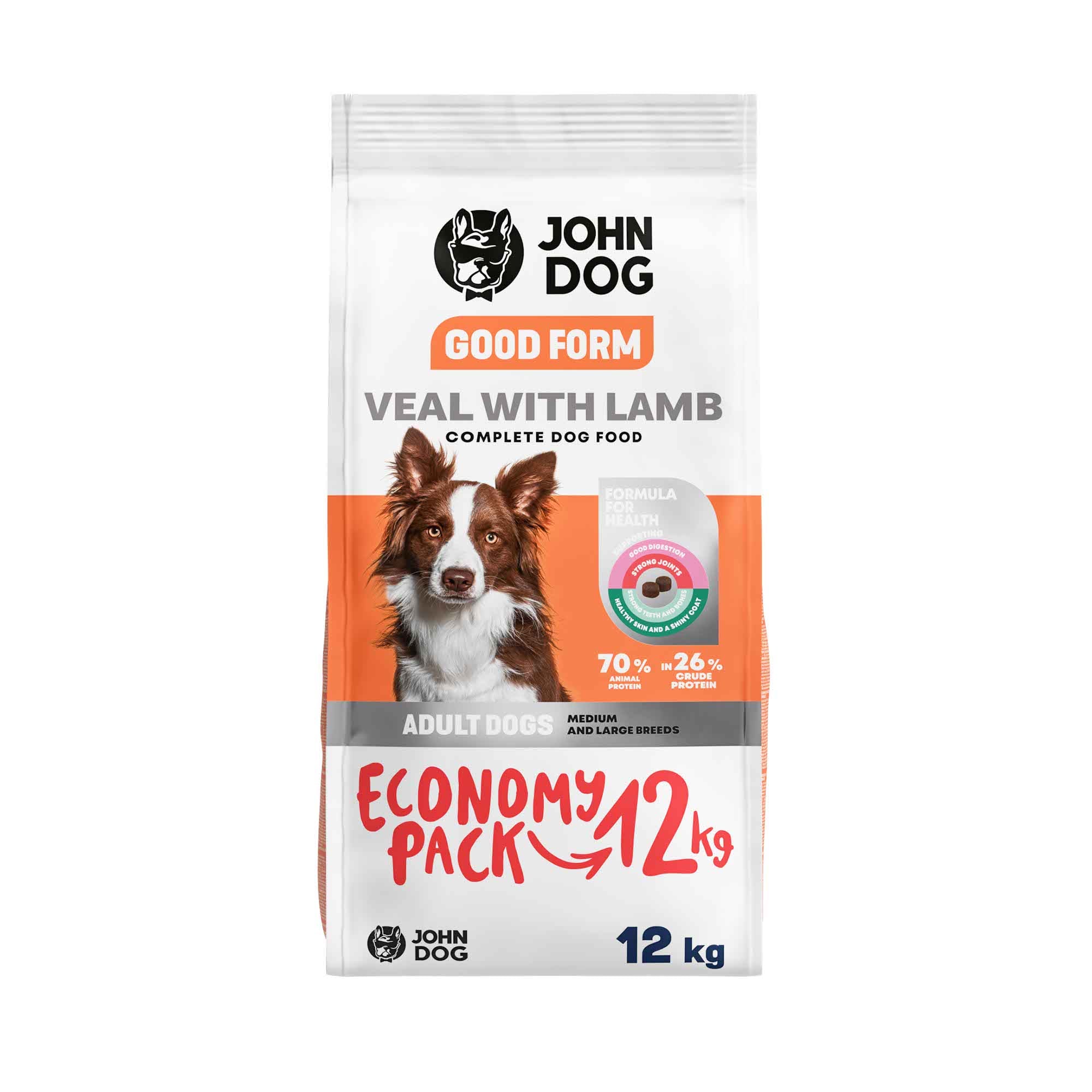 Biało-pomarańczowe opakowanie suchej karmy dla średnich i dużych psów John Dog Good Form o smaku cielęciny z jagnięciną o pojemności 12 kg. Na opakowaniu znajduje się brązowo-biały pies, widok z przodu.