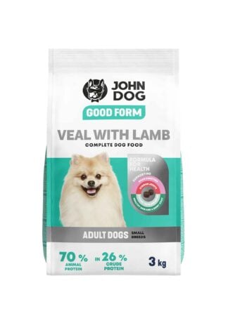 Biało-turkusowe opakowanie suchej karmy dla małych psów John Dog Good Form o smaku cielęciny z jagnięciną o pojemności trzy kilogramy. Na opakowaniu znajduje się mały biały, puszysty pies, widok z przodu.