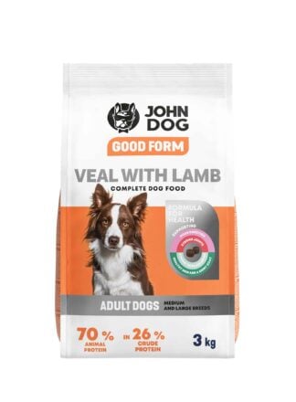 Biało-pomarańczowe opakowanie suchej karmy dla średnich i dużych psów John Dog Good Form o smaku cielęciny z jagnięciną o pojemności trzy kilogramy. Na opakowaniu znajduje się brązowo-biały pies, widok z przodu.