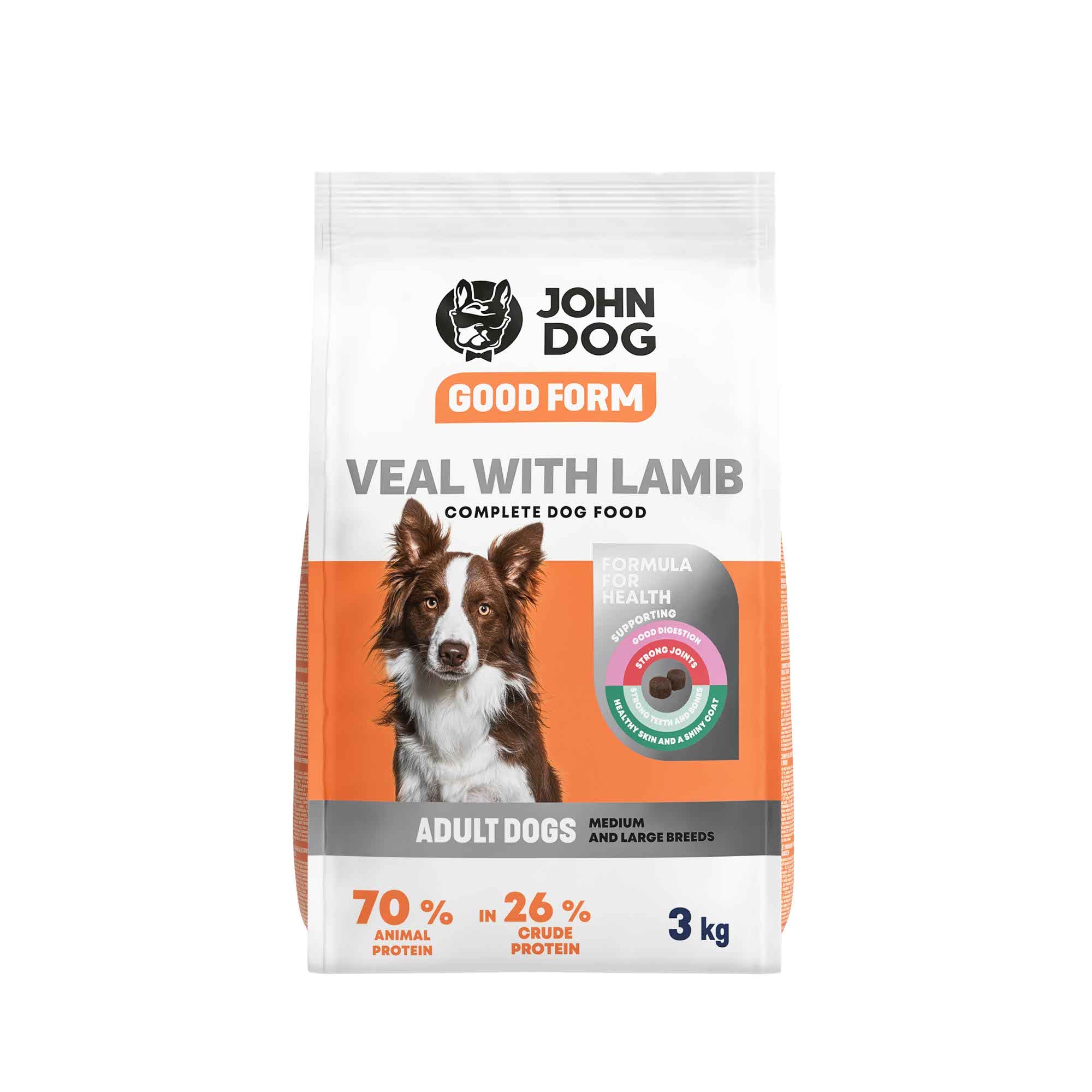 Biało-pomarańczowe opakowanie suchej karmy dla średnich i dużych psów John Dog Good Form o smaku cielęciny z jagnięciną o pojemności trzy kilogramy. Na opakowaniu znajduje się brązowo-biały pies, widok z przodu.