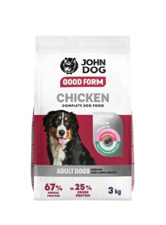 Biało-bordowe opakowanie suchej karmy dla średnich i dużych psów John Dog Good Form o smaku kurczaka o pojemności trzy kilogramy. Na opakowaniu znajduje się czarno-biały pies, widok z przodu.