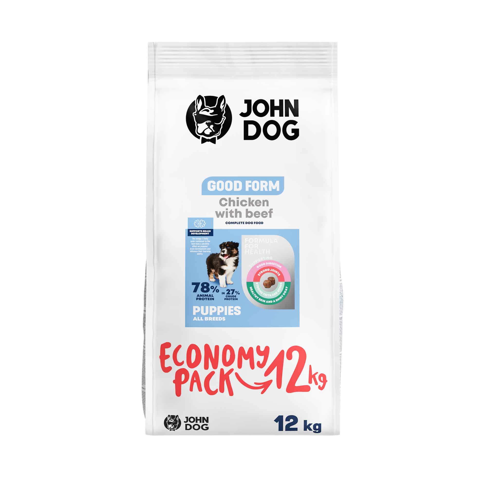 Biało-błękitne opakowanie suchej karmy dla szczeniąt John Dog Good Form o smaku kurczaka z wołowiną o pojemności dwunastu kilogramów. Na opakowaniu znajduje się szczeniak, widok z przodu.