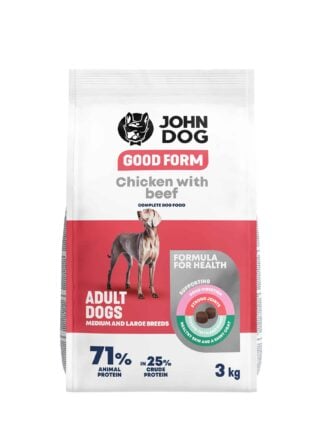 Biało-czerwone opakowanie suchej karmy dla dużych psów John Dog Good Form o smaku kurczaka z wołowiną o pojemności trzy kilogramy. Na opakowaniu znajduje się duży pies rasy wyżeł, widok z przodu.