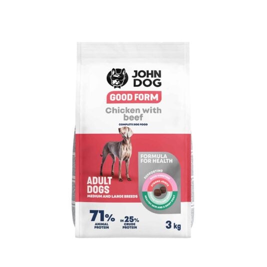 Biało-czerwone opakowanie suchej karmy dla dużych psów John Dog Good Form o smaku kurczaka z wołowiną o pojemności trzy kilogramy. Na opakowaniu znajduje się duży pies rasy wyżeł, widok z przodu.