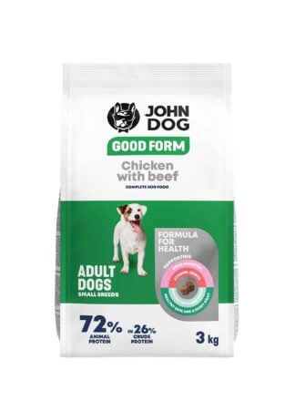 Biało-zielone opakowanie suchej karmy dla małych psów John Dog Good Form o smaku kurczaka z wołowiną o pojemności trzy kilogramy. Na opakowaniu znajduje się mały pies rasy jack russel terier, widok z przodu.