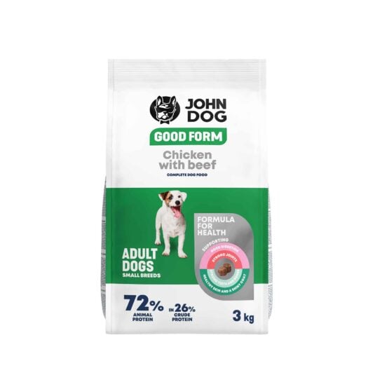 Biało-zielone opakowanie suchej karmy dla małych psów John Dog Good Form o smaku kurczaka z wołowiną o pojemności trzy kilogramy. Na opakowaniu znajduje się mały pies rasy jack russel terier, widok z przodu.