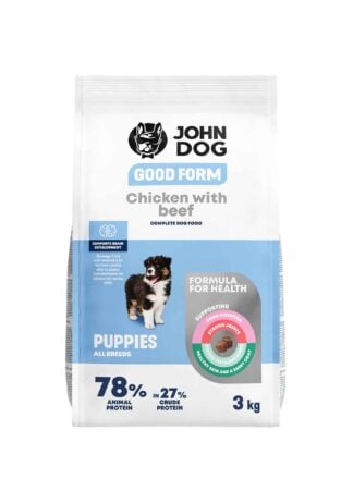 Biało-błękitne opakowanie suchej karmy dla szczeniąt John Dog Good Form o smaku kurczaka z wołowiną o pojemności trzy kilogramy. Na opakowaniu znajduje się szczeniak, widok z przodu.