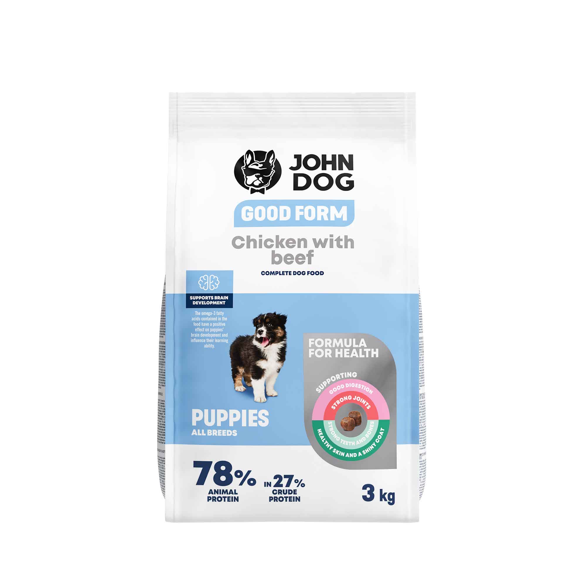 Biało-błękitne opakowanie suchej karmy dla szczeniąt John Dog Good Form o smaku kurczaka z wołowiną o pojemności trzy kilogramy. Na opakowaniu znajduje się szczeniak, widok z przodu.