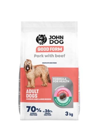 Biało-koralowe opakowanie suchej karmy dla dużych psów John Dog Good Form o smaku wieprzowiny z wołowiną o pojemności trzy kilogramy. Na opakowaniu znajduje się puszysty beżowy pies, widok z przodu.