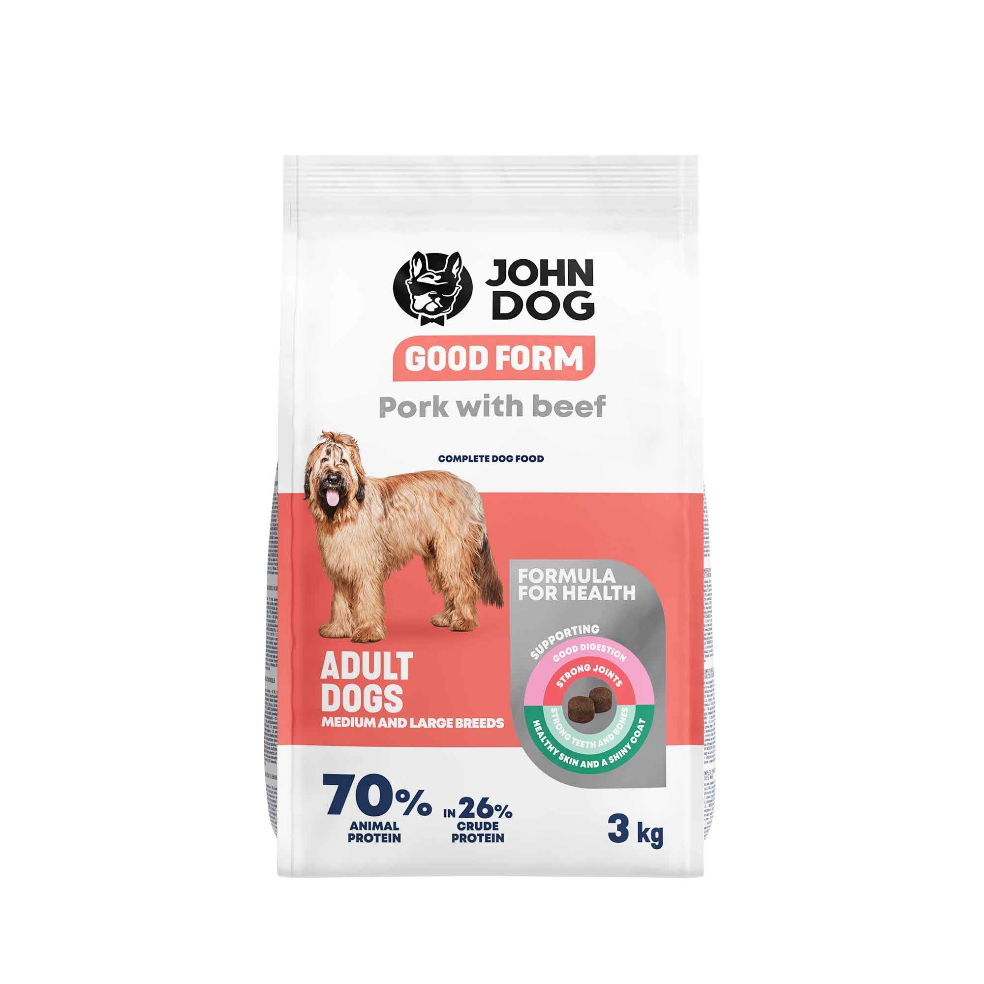 Biało-koralowe opakowanie suchej karmy dla dużych psów John Dog Good Form o smaku wieprzowiny z wołowiną o pojemności trzy kilogramy. Na opakowaniu znajduje się puszysty beżowy pies, widok z przodu.