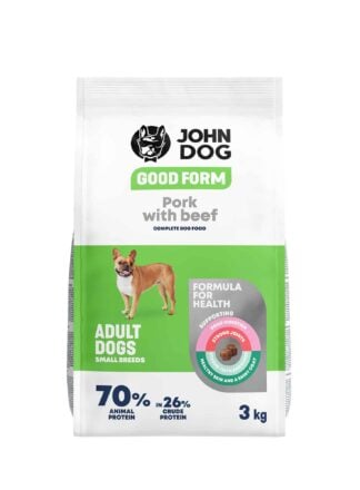 Biało-zielone opakowanie suchej karmy dla małych psów John Dog Good Form o smaku wieprzowiny z wołowiną o pojemności trzy kilogramy. Na opakowaniu znajduje się pies typu buldog francuski, widok z przodu.