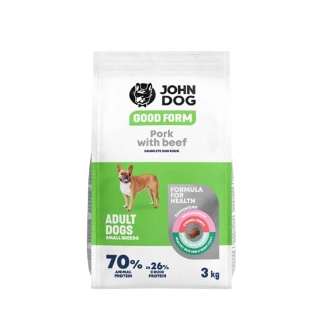 Biało-zielone opakowanie suchej karmy dla małych psów John Dog Good Form o smaku wieprzowiny z wołowiną o pojemności trzy kilogramy. Na opakowaniu znajduje się pies typu buldog francuski, widok z przodu.