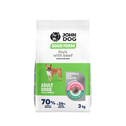 Biało-zielone opakowanie suchej karmy dla małych psów John Dog Good Form o smaku wieprzowiny z wołowiną o pojemności trzy kilogramy. Na opakowaniu znajduje się pies typu buldog francuski, widok z przodu.