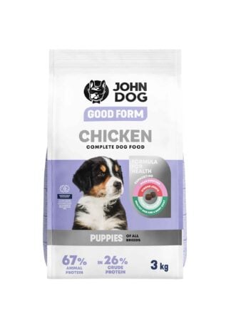 Biało-fioletowe opakowanie suchej karmy dla szczeniąt John Dog Good Form o smaku kurczaka o pojemności trzy kilogramy. Na opakowaniu znajduje się mały biało-czarny puszysty szczeniak, widok z przodu.