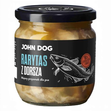 Mały słoik rarytasów John Dog z czarnym wieczkiem i czarną etykietą. Na etykiecie ilustracja dorsza. W słoiku widać kawałki mięsa.
