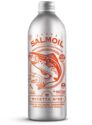 Srebrna butelka oleju omega-3 dla psa i kota z pomarańczowymi napisami Salmoil oraz ilustracją ryby.