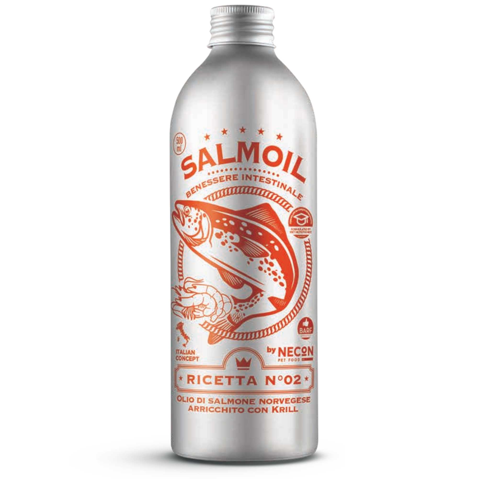 Srebrna butelka oleju omega-3 dla psa i kota z pomarańczowymi napisami Salmoil oraz ilustracją ryby.