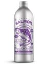 Srebrna butelka oleju omega-3 dla psa i kota z fioletowymi napisami Salmoil oraz ilustracją ryby.