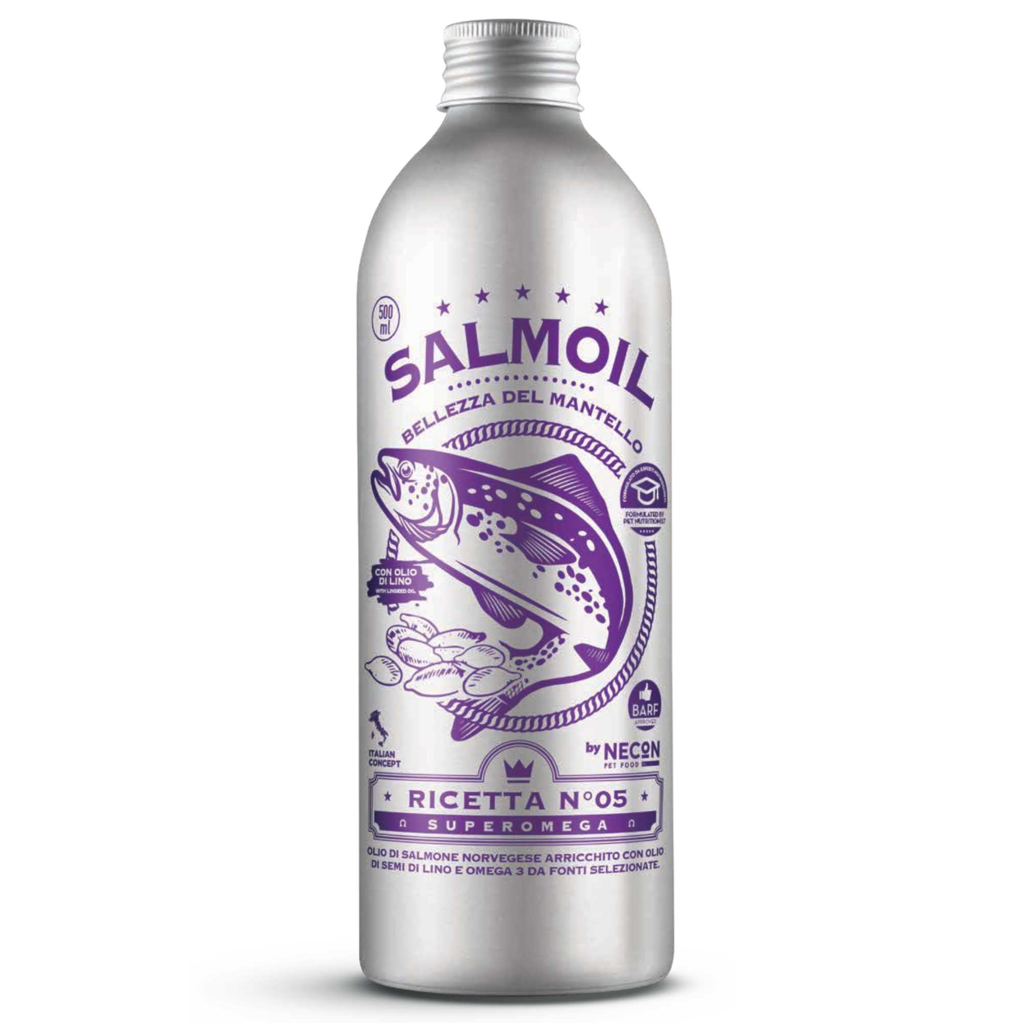 Srebrna butelka oleju omega-3 dla psa i kota z fioletowymi napisami Salmoil oraz ilustracją ryby.
