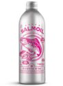 Srebrna butelka oleju omega-3 dla psa i kota z różowymi napisami Salmoil oraz ilustracją ryby.