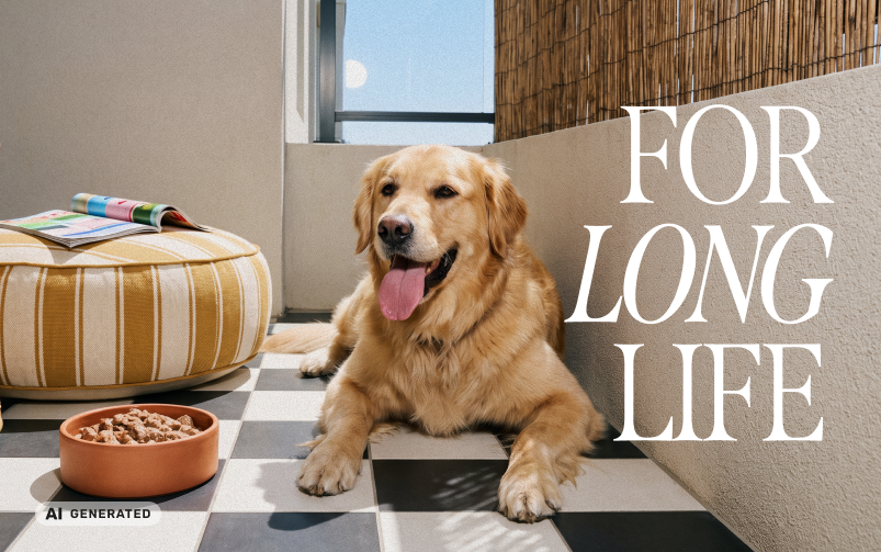 Grafika wygenerowana przez AI przedstawiająca golden retrievera odpoczywającego na tarasie obok miski z mokrą karmą. Po prawej stronie napis &bdquo;For Long Life&rdquo;