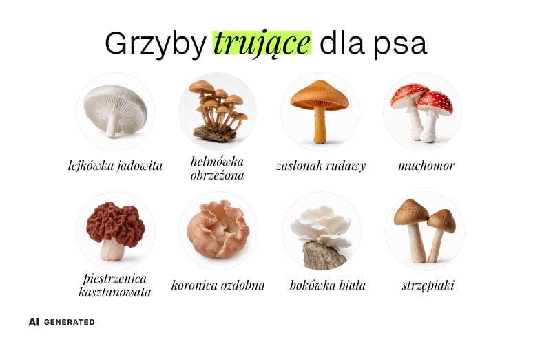 Grafika wygenerowana przez AI przedstawiająca przykłady grzyb&oacute;w trujących dla psa, wraz z ich nazwami.