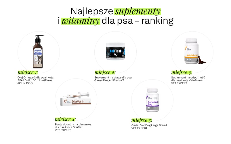 Grafika przedstawiająca ranking pięciu suplement&oacute;w i witamin dla ps&oacute;w wraz ze zdjęciami produkt&oacute;w i ich nazwami.