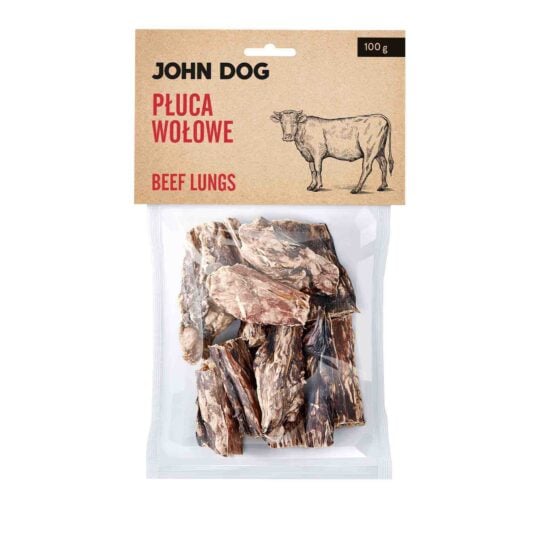 Transparentne opakowanie gryzaka naturalnego dla psa marki John Dog z beżową etykietą, widok z przodu. Na etykiecie ilustracja krowy. W środku widoczne suszone płuca wołowe.