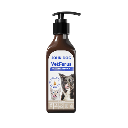Zdjęcie produktu przedstawiające olej VetFerus Golden Omega-3 marki JOHN DOG w butelce z pompką.