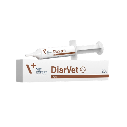 Zdjęcie produktu przedstawiające pastę DiarVet marki Vet Expert w strzykawce dozującej i opakowaniu.