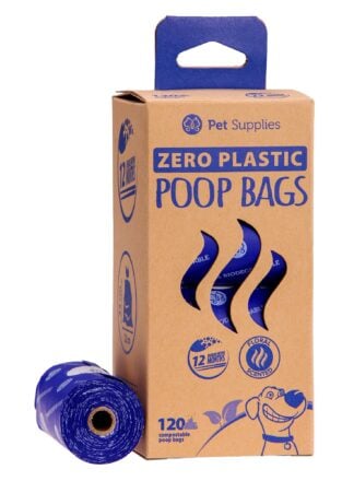 Brązowe opakowanie worków na odchody dla psa marki Pet Supplies. Opakowanie z fioletowymi napisami Zero Plastic Poop Bags. W środku widok fioletowych woreczków. Z boku widoczny jest jeden zwinięty komplet woreczków 15 szt. Widok opakowania z boku.