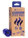Brązowe opakowanie worków na odchody dla psa marki Pet Supplies. Opakowanie z fioletowymi napisami Zero Plastic Poop Bags. W środku widok fioletowych woreczków. Z boku widoczny jest jeden zwinięty komplet woreczków 15 szt. Widok opakowania z boku.