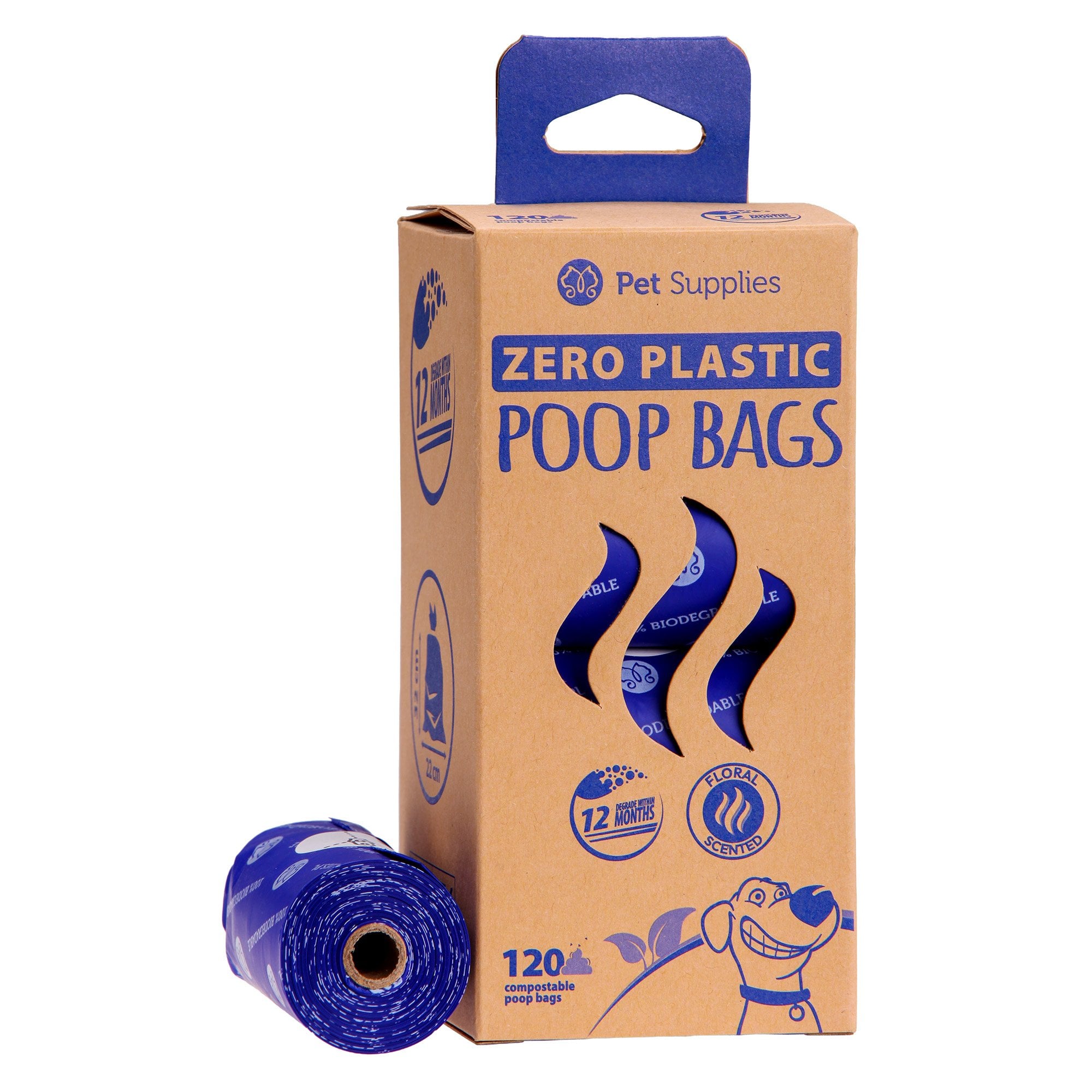 Brązowe opakowanie worków na odchody dla psa marki Pet Supplies. Opakowanie z fioletowymi napisami Zero Plastic Poop Bags. W środku widok fioletowych woreczków. Z boku widoczny jest jeden zwinięty komplet woreczków 15 szt. Widok opakowania z boku.