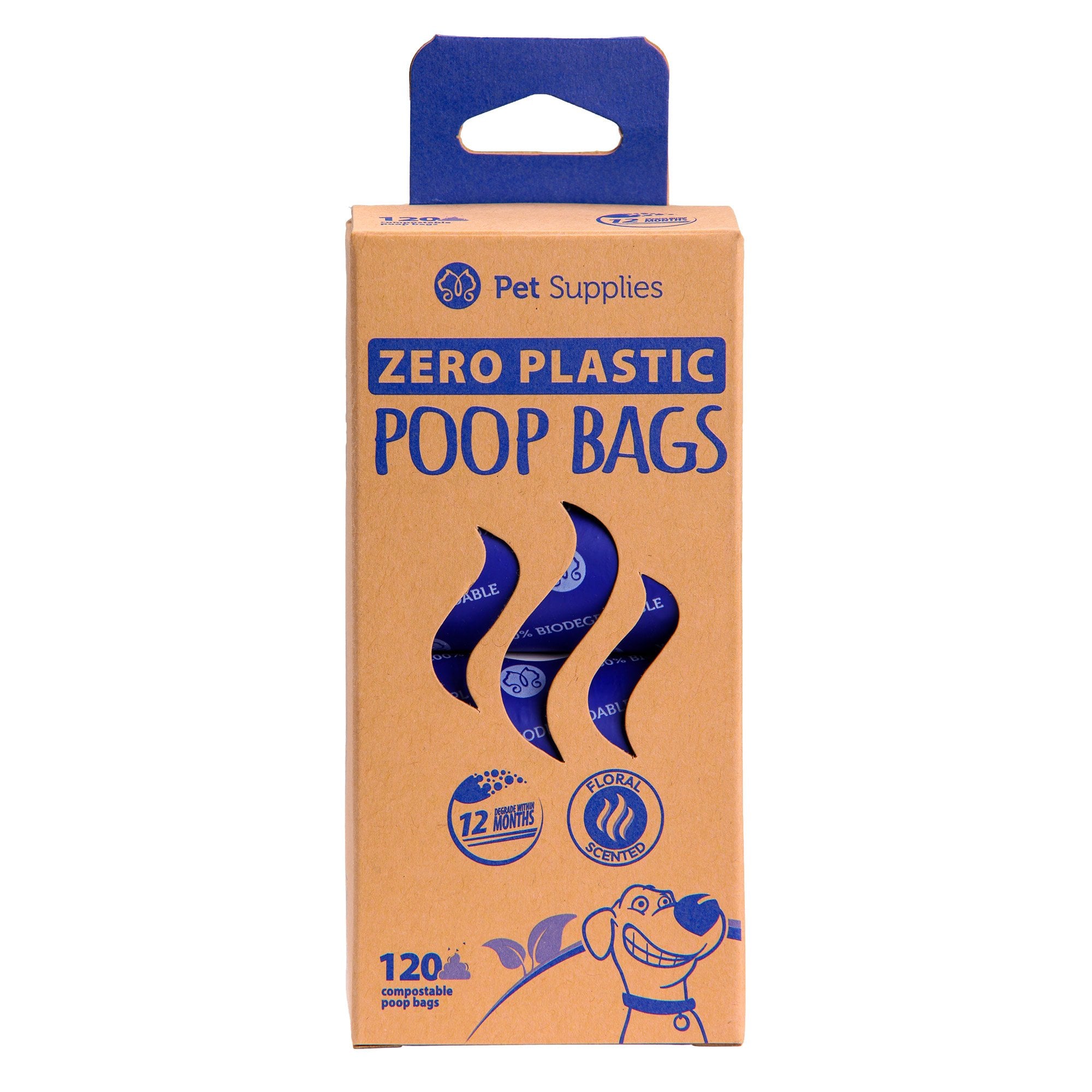 Brązowe opakowanie worków na odchody dla psa marki Pet Supplies. Opakowanie z fioletowymi napisami Zero Plastic Poop Bags. W środku widok fioletowych woreczków. Widok opakowania od przodu.