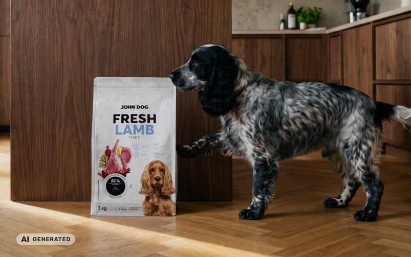 Grafika wygenerowana przez AI przedstawiająca czarno-białego psa przypominającego spaniela stojącego w kuchni obok opakowania suchej karmy JOHN DOG Fresh Lamb Light.