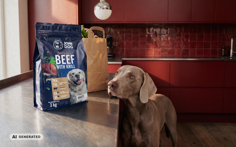 Grafika wygenerowana przez AI przedstawiająca szarego psa rasy wyżeł weimarski stojącego w kuchni obok opakowania suchej karmy JOHN DOG Beef with Krill.