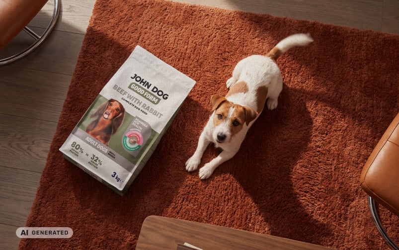 Grafika wygenerowana przez AI przedstawiająca biało-rudego psa rasy jack russell terrier leżącego na rudym dywanie obok opakowania suchej karmy JOHN DOG Good Form Beef with Rabbit.