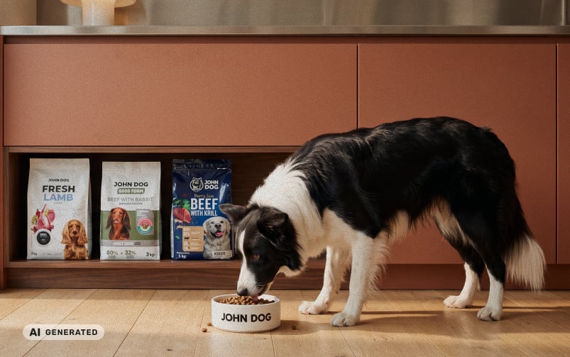 Grafika wygenerowana przez AI przedstawiająca czarno-białego psa rasy border collie jedzącego suchą karmę z miski JOHN DOG. W tle widoczne trzy opakowania karmy JOHN DOG: Fresh Lamb, Good Form Beef with Rabbit oraz Beef with Krill.