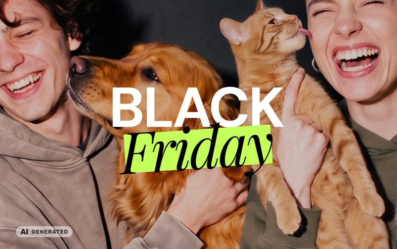 Grafika wygenerowana przez AI przedstawiająca uśmiechniętą parę z psem rasy golden retriever i rudym kotem. Pies liże mężczyznę po twarzy, a kot kobietę. Na środku napis „Black Friday”.