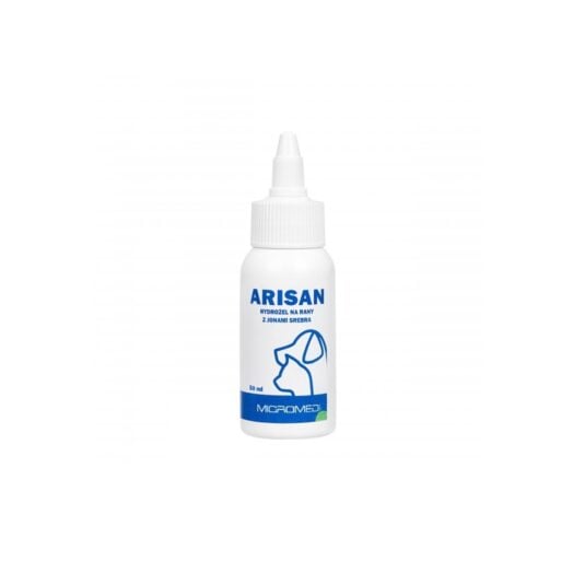 Hydrozel na rany dla psa i kota Micromed Vet Arisan w bialej buteleczce z niebieskimi napisami, pojemność 50 ml.