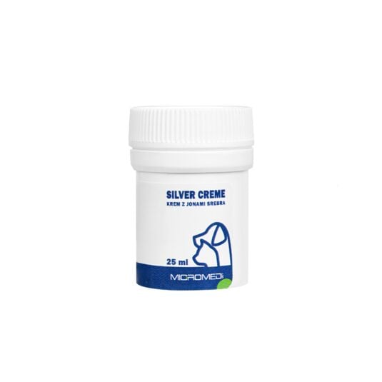 Krem regenerujący z jonami srebra dla psa i kota Micromed Vet Silver w białym opakowaniu z zakrętką i niebieskimi napisami, pojemność 25 ml.