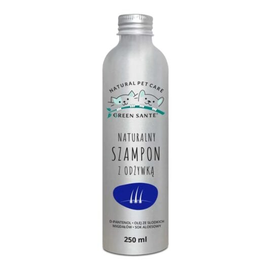 Naturalny szampon z odżywką dla psa i kota marki jm sante o pojemności 250 ml w srebrnym opakowaniu.