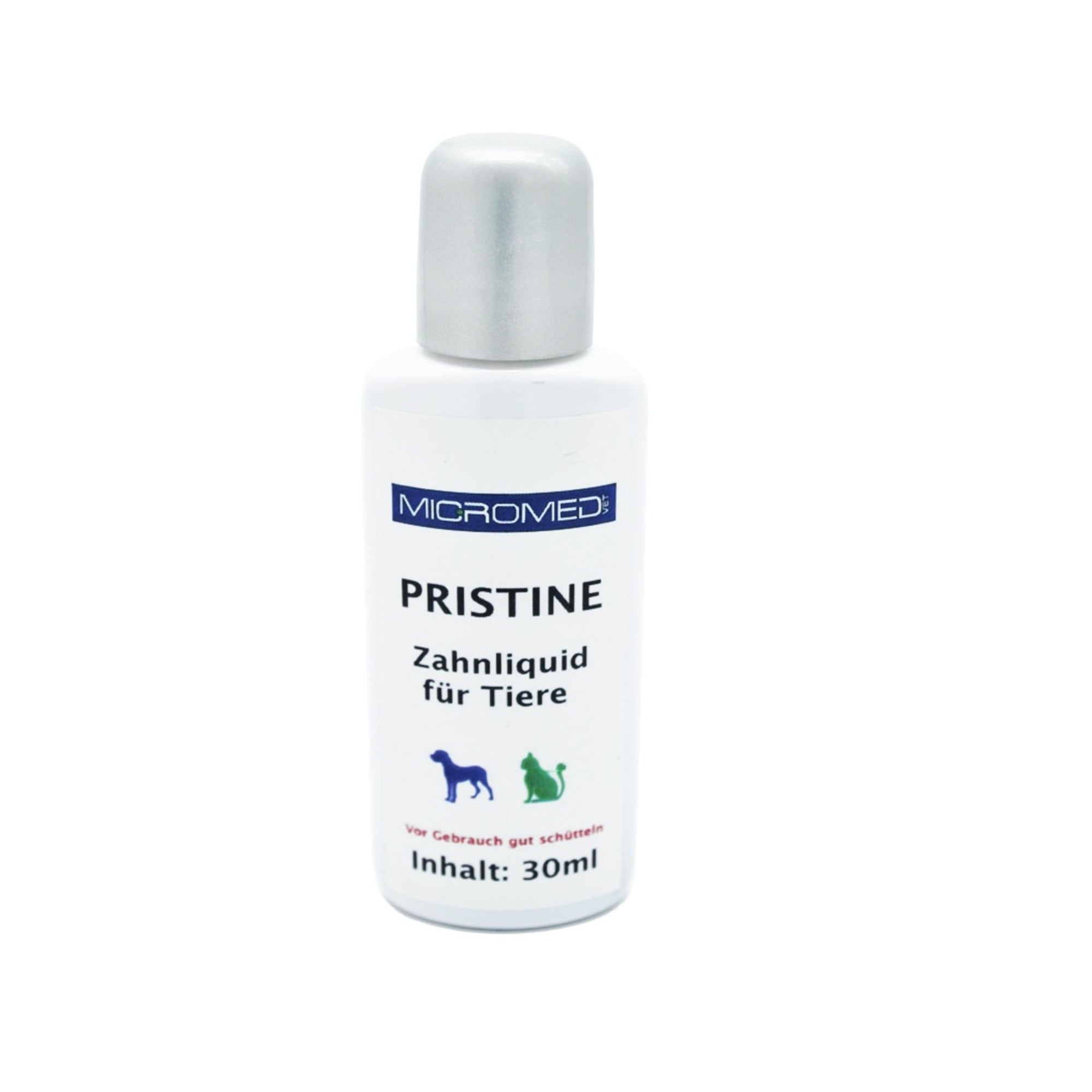 Płyn do hiegy jamy ustnej dla psa i kota Micromed Vet Pristine w białej butelce z niebieskimi napisami, pojemność 30 ml.