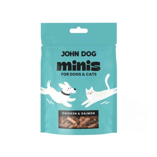 Przysmaki Minis dla psa i kota, marka John Dog, smak kurczak i łosoś.