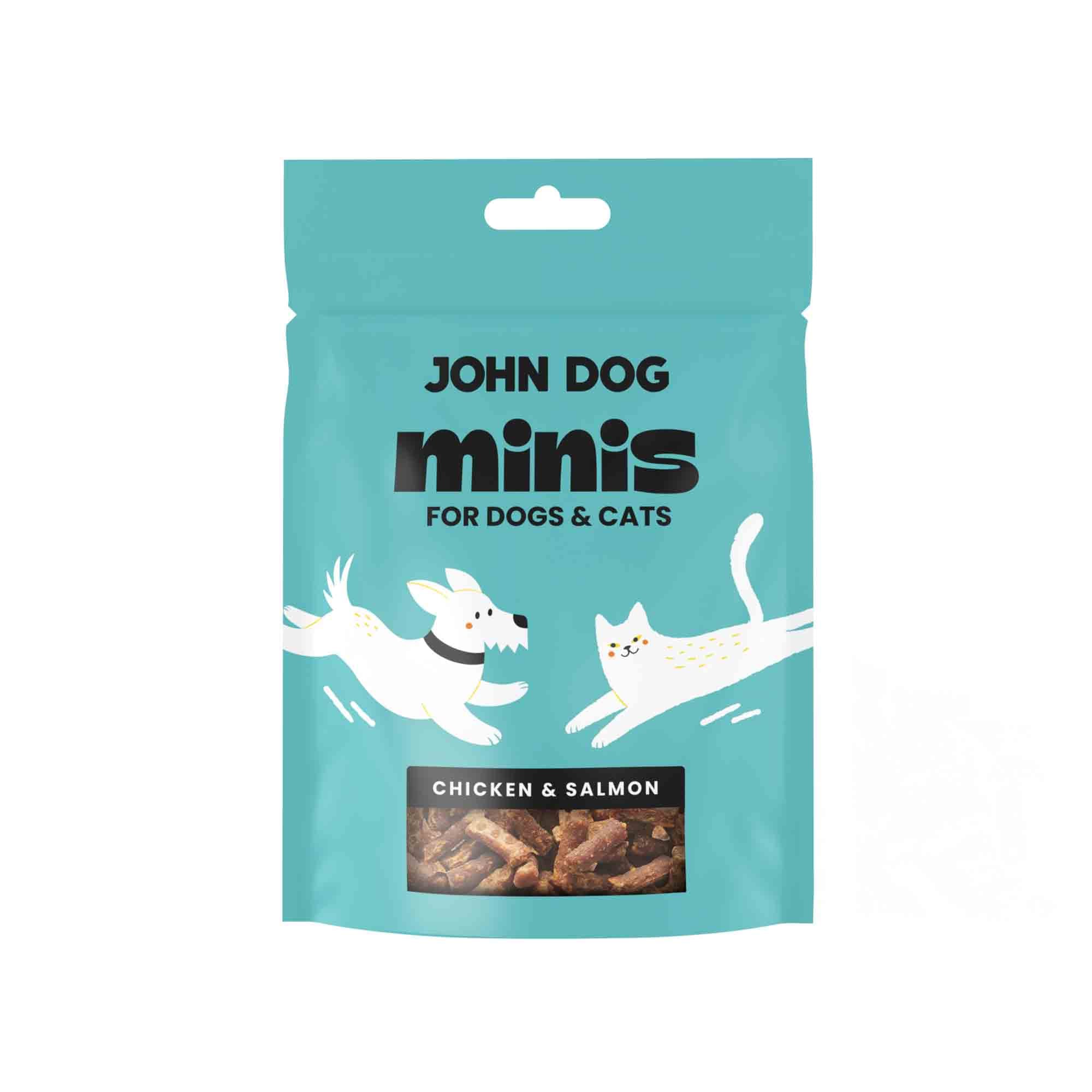 Przysmaki Minis dla psa i kota, marka John Dog, smak kurczak i łosoś.