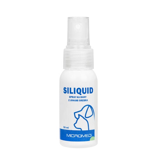 Spray na rany dla psa i kota MJicromed Vet Siliquid w białej buteleczce z niebieskimi napisami, pojemność 50 ml.